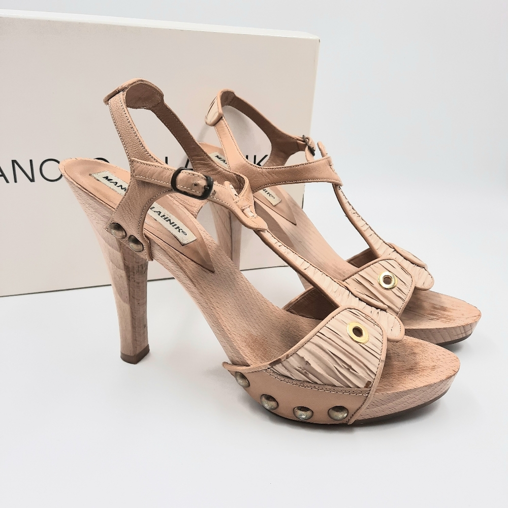 MANOLO BLAHNIK Y2K Wood Platform Sandal Heel Bohemian Coquette 70s Tan 37 EU - Picture 14 of 14